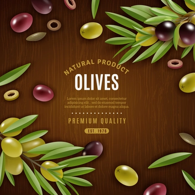 Natural olives background with olives and leaves on wooden background cartoon vector illustration