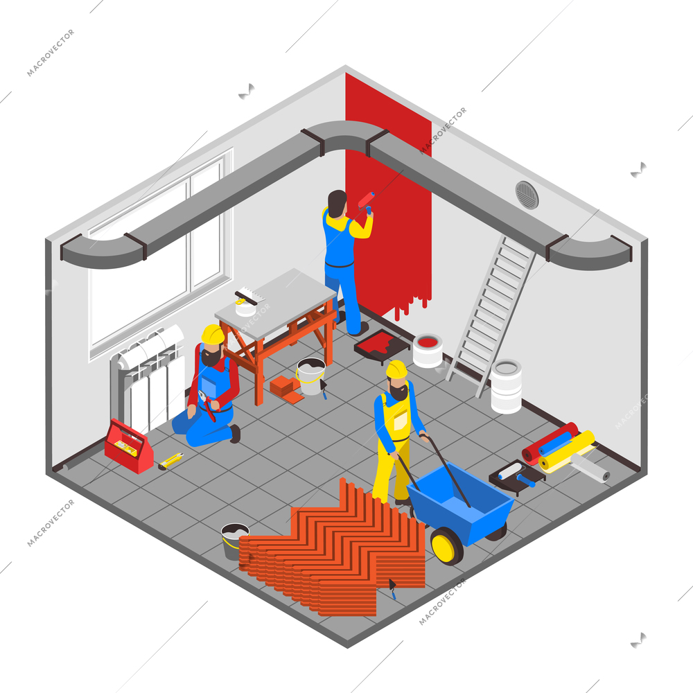 Builder people isometric concept with interior redecoration symbols vector illustration