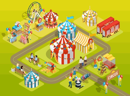 Travel circus attractions isometric composition amusement park schema with striped tents  observation wheel and visitors vector illustration