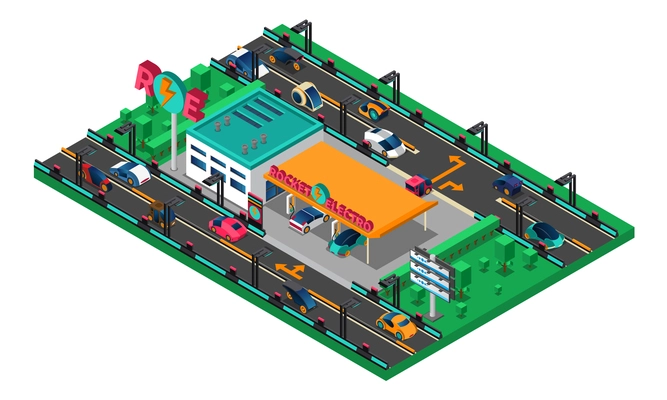 Futuristic isometric concept with cars of new generation charging station billboards trees vector illustration