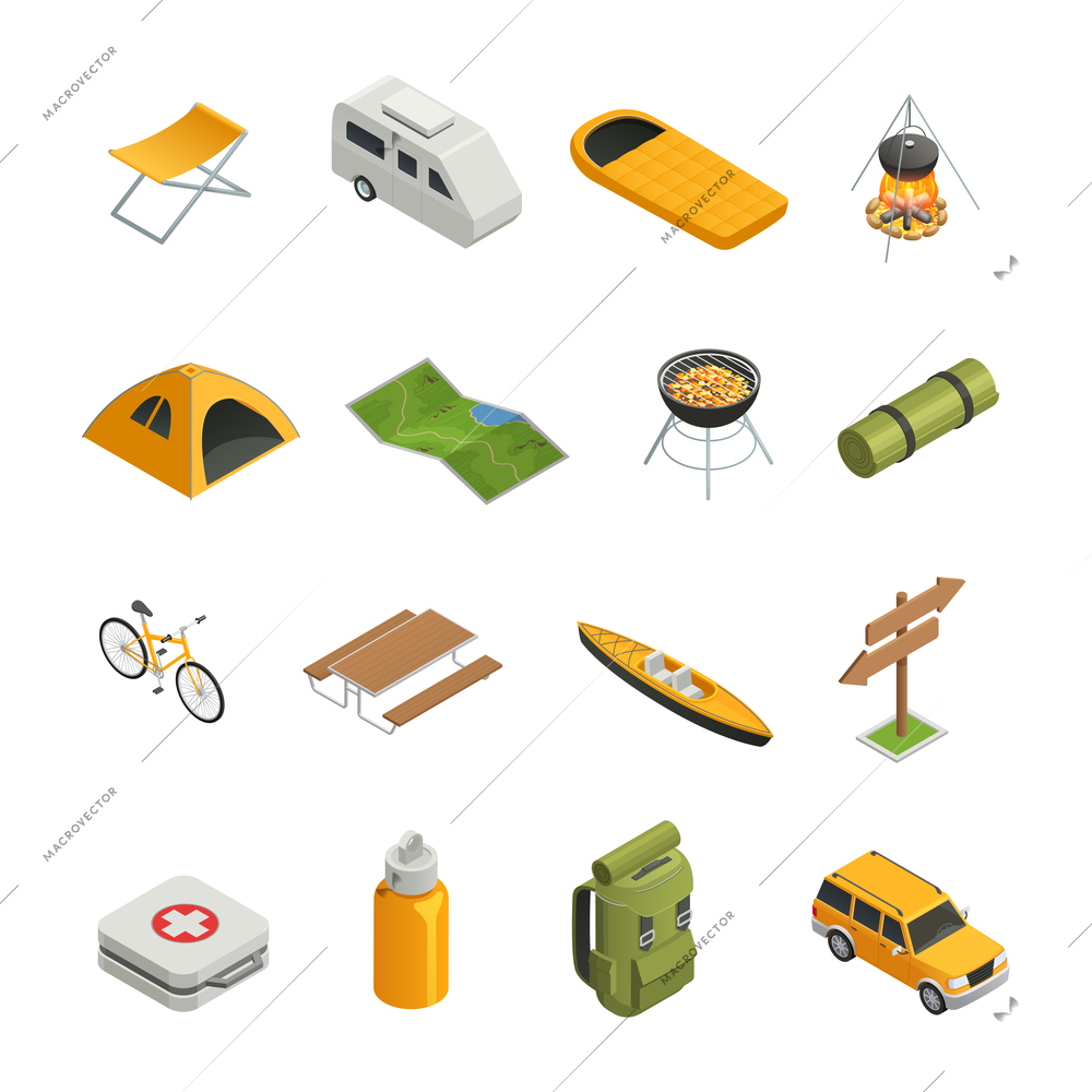 Colored and isolated camping hiking isometric icon set with tools attributes and elements of camp vector illustration