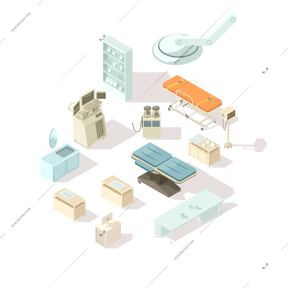 Medical equipment for hospital isometric icons set of special furniture for operating room and  intensive care flat vector illustration