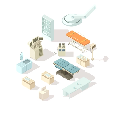 Medical equipment for hospital isometric icons set of special furniture for operating room and  intensive care flat vector illustration