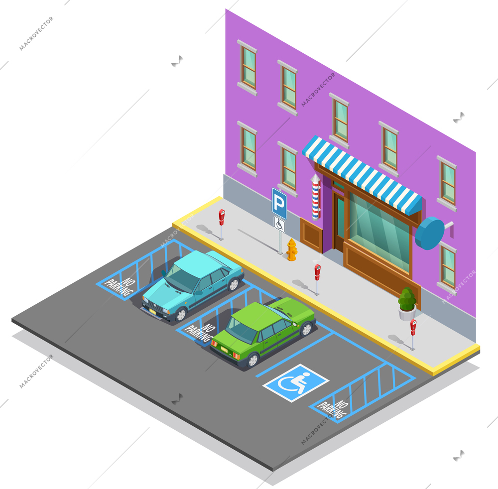 Parking zone isometric template with cars empty disabled lot near building vector illustration