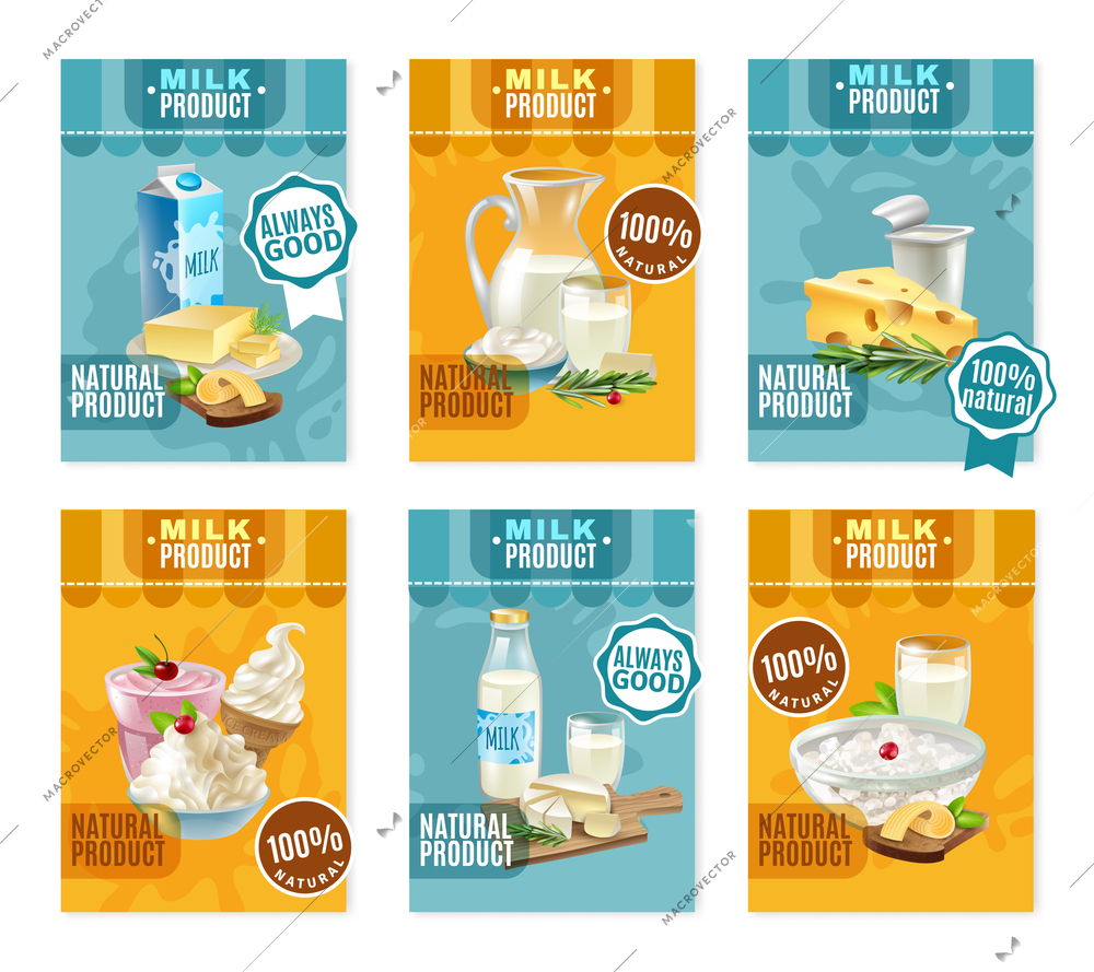 Dairy products banners set with milk and cheese cartoon isolated vector illustration