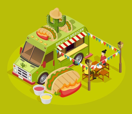 Mexican street food truck isometric advertisement poster with taco cactus and sausen decorated bus green background vector illustration