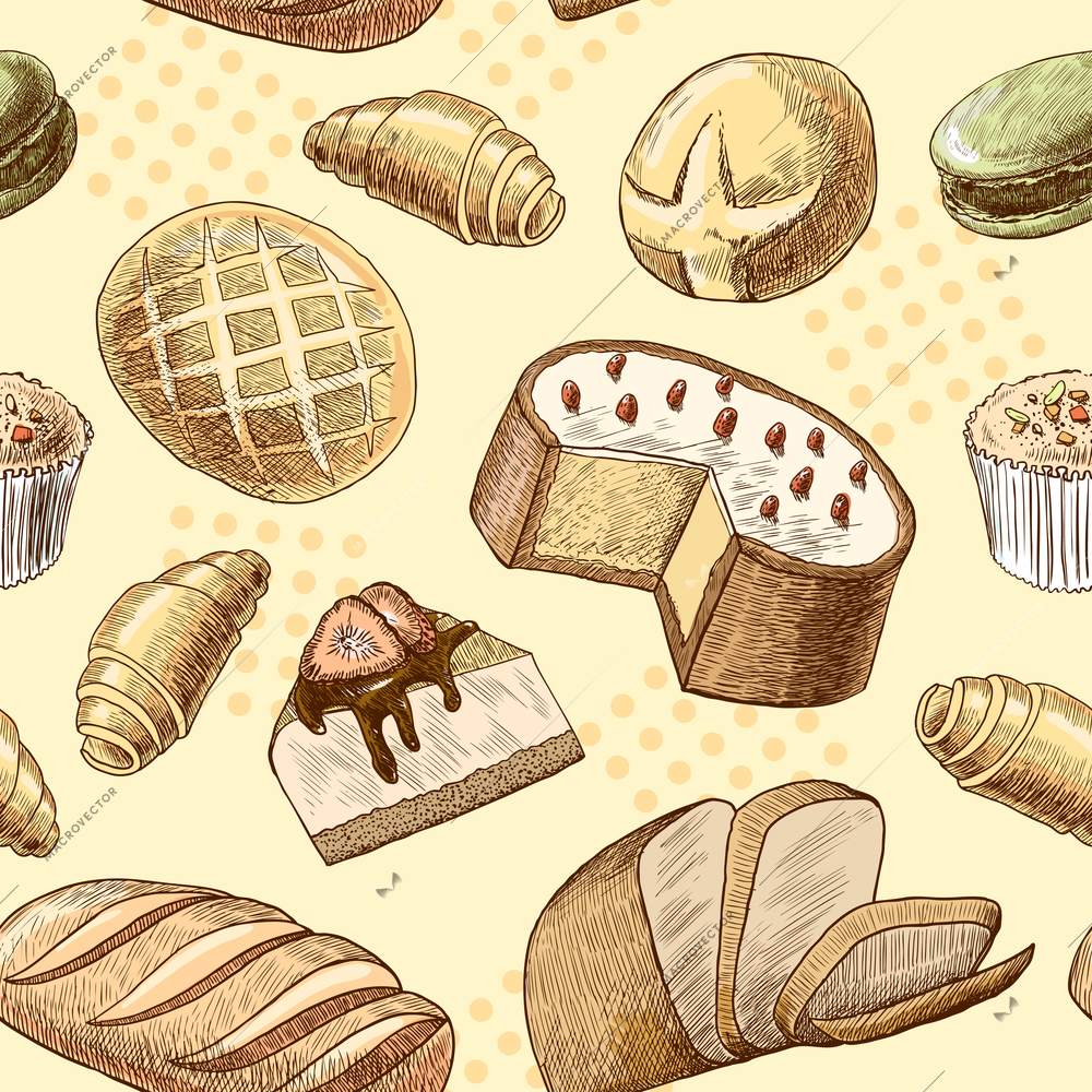 Puff pastry macaron croissant cheese cake and wheat rye bread seamless food pattern vector illustration