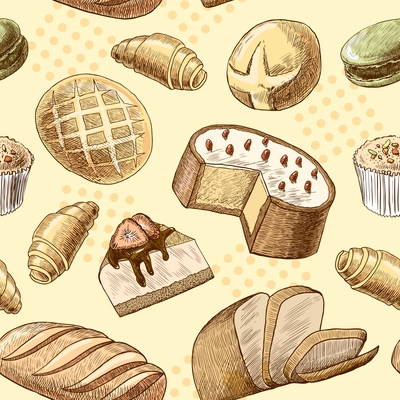 Puff pastry macaron croissant cheese cake and wheat rye bread seamless food pattern vector illustration