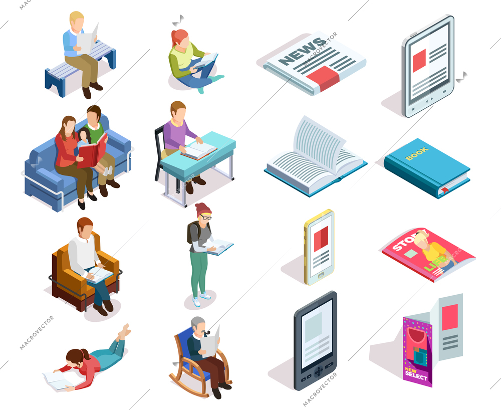 Isolated and colored isometirc reading icon set with people who read books magazines tablets in different places vector illustration