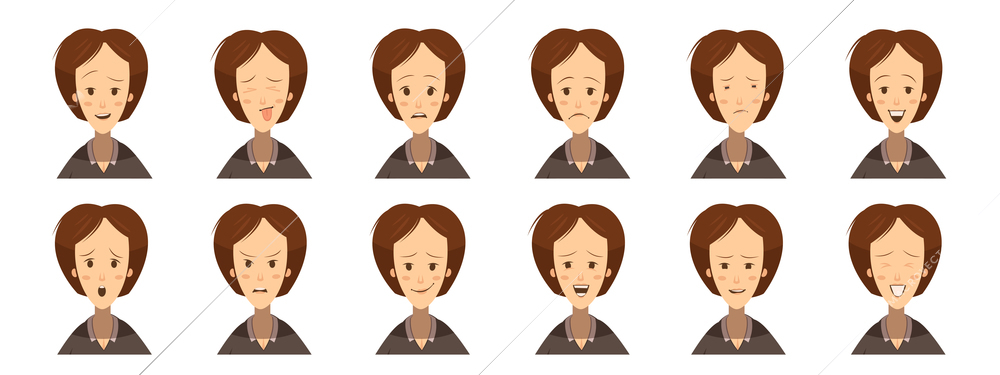 Set of avatars with female emotions including fun uncertainty gloom laugh concentration cartoon style isolated vector illustration