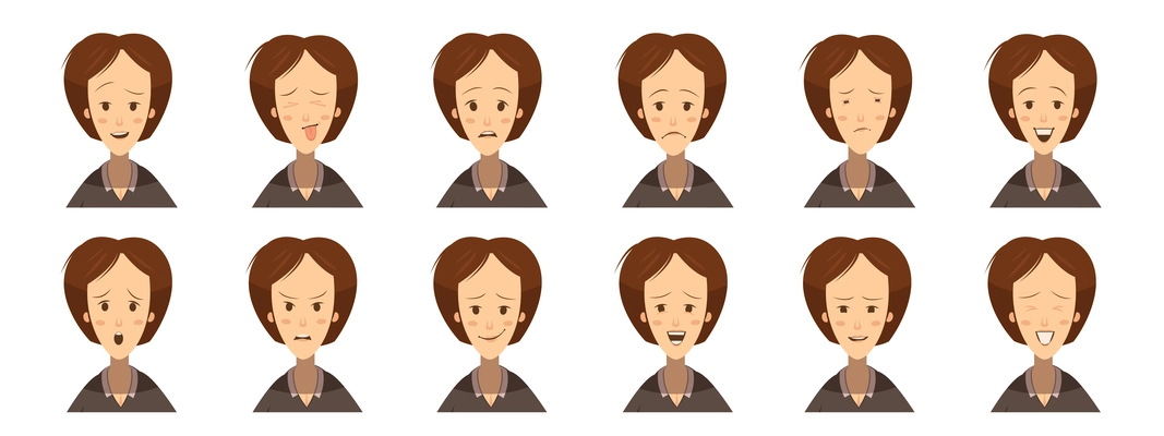 Set of avatars with female emotions including fun uncertainty gloom laugh concentration cartoon style isolated vector illustration