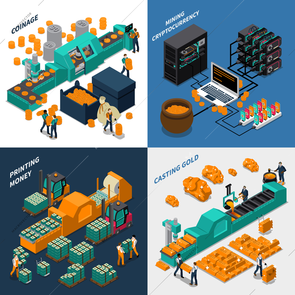 Industrial isometric concept with manufacturing of different types of money mechanical equipment and workers vector illustration