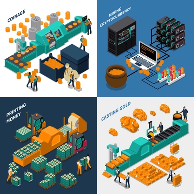 Industrial isometric concept with manufacturing of different types of money mechanical equipment and workers vector illustration