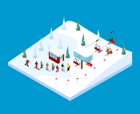 Ski resort tiled isometric landscape design with piste houses on piles rope way and skiers figures vector illustration