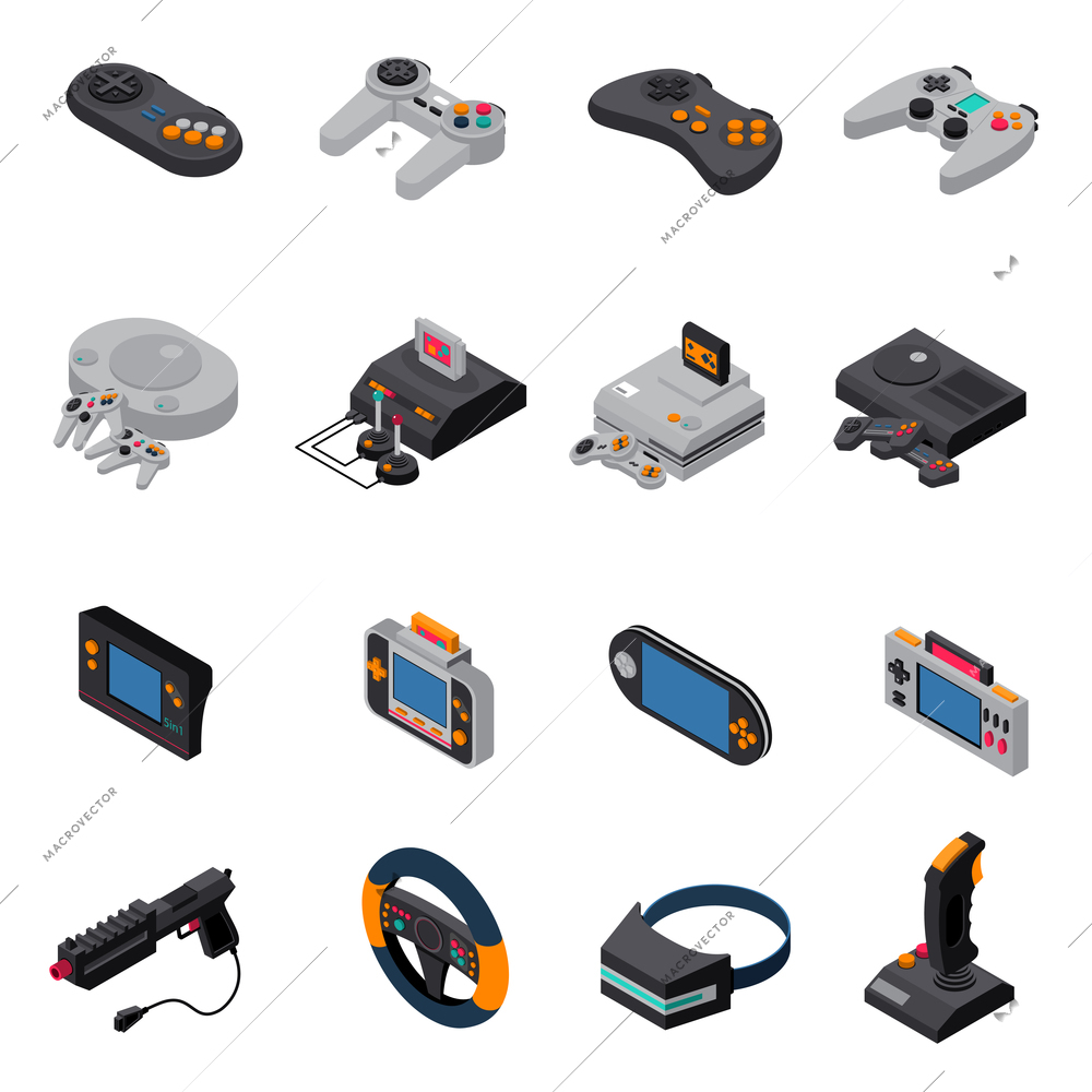 Game gadgets isometric icons collection of  consoles joysticks gamepads virtual mask wheel steering gun isolated vector illustration