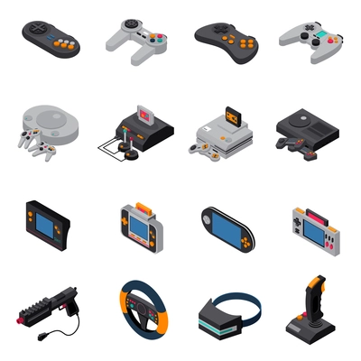 Game gadgets isometric icons collection of  consoles joysticks gamepads virtual mask wheel steering gun isolated vector illustration