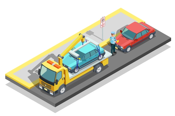 Colored isometric parking composition tow truck working on the roadside and evacuate a parked car vector illustration