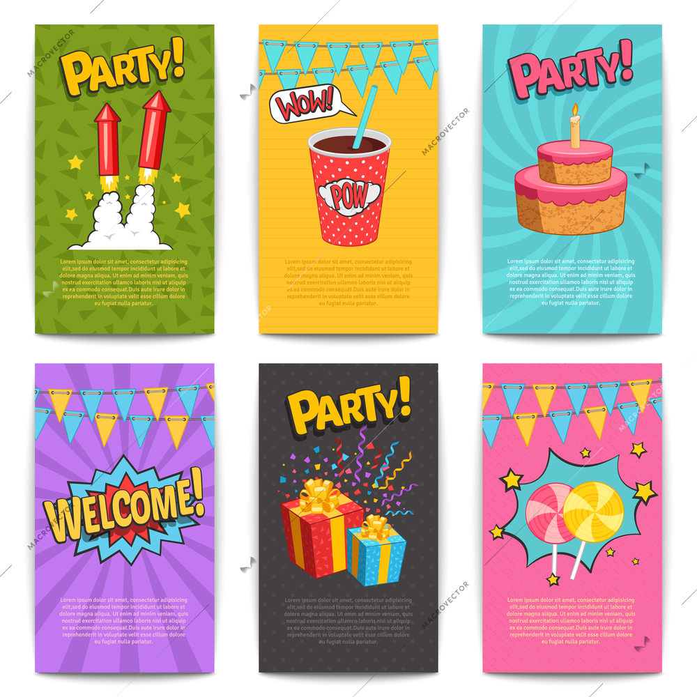 Carnival comic posters set with fireworks and presents symbols flat isolated vector illustartion