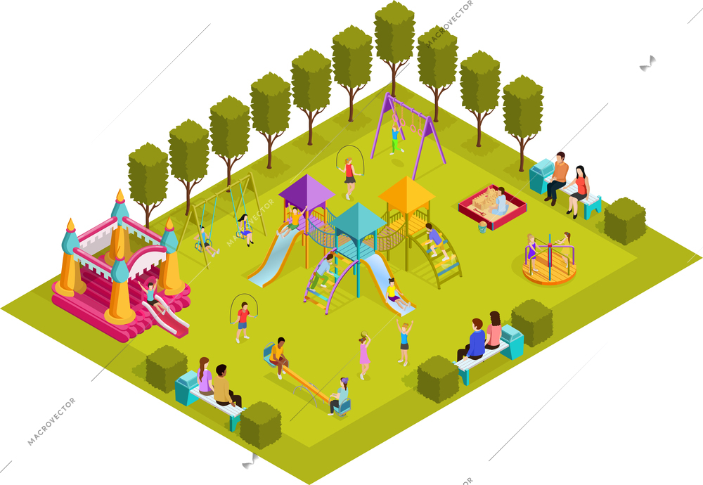 Colored 3d isometric kids playground with layout with placed in the park art objects and gaming complexes vector illustration