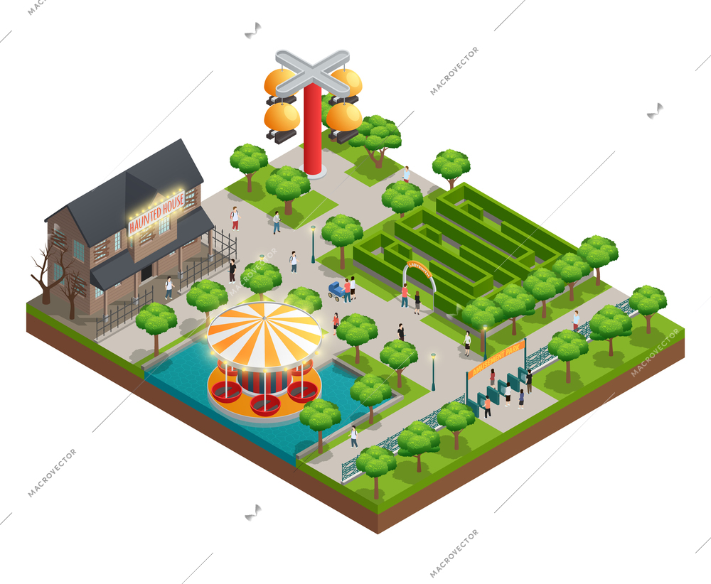 Amusement park isometric concept with haunted house and labyrinth symbols vector illustration