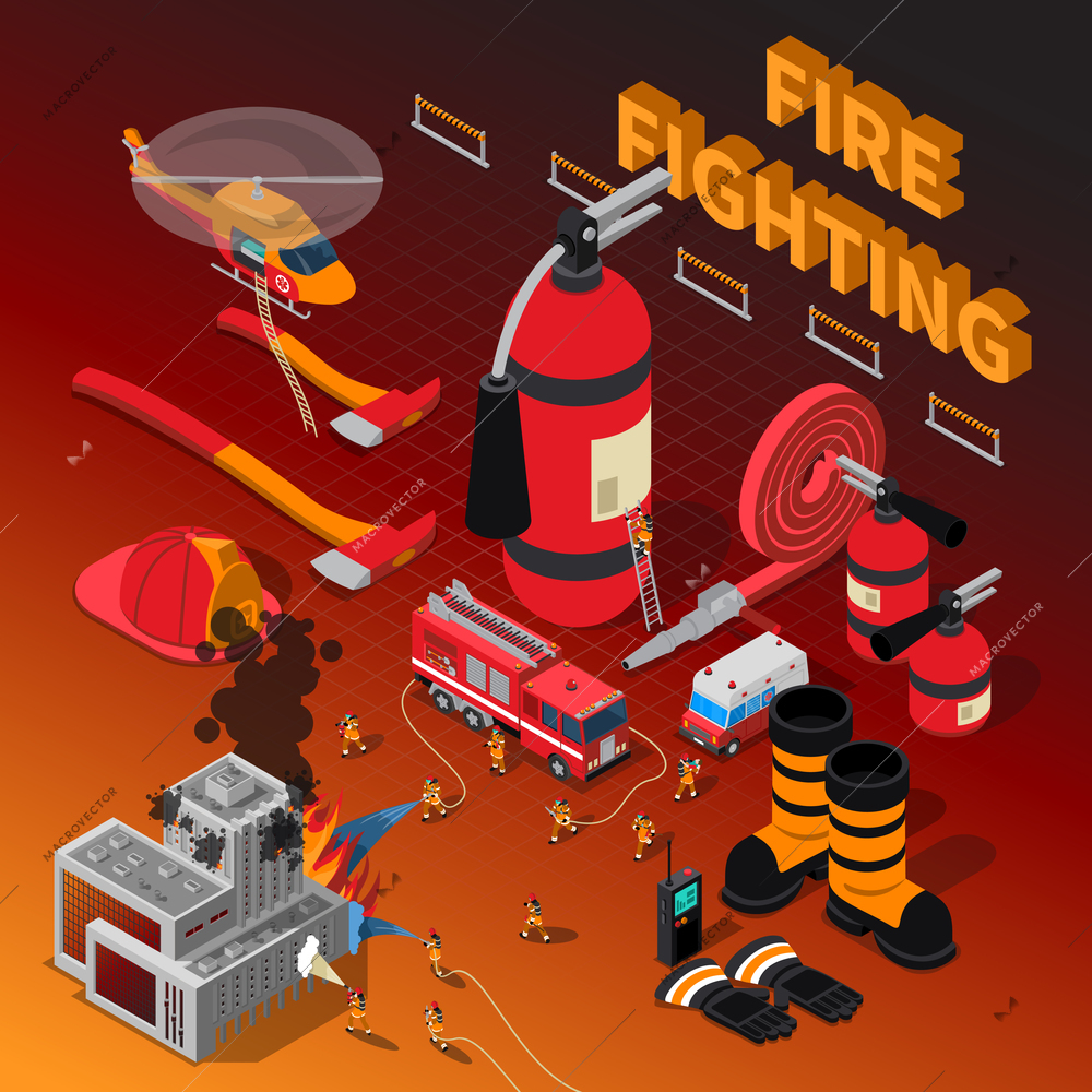 Firefighter isometric composition with fireman rescue operation extinguisher boots truck hose axe helmet helicopter gloves vector illustration