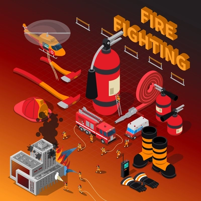 Firefighter isometric composition with fireman rescue operation extinguisher boots truck hose axe helmet helicopter gloves vector illustration