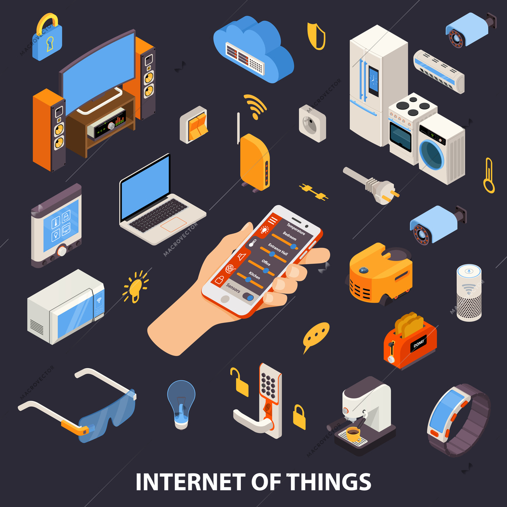 Internet of things home automation system with remote control device in owners hand isometric poster vector illustration