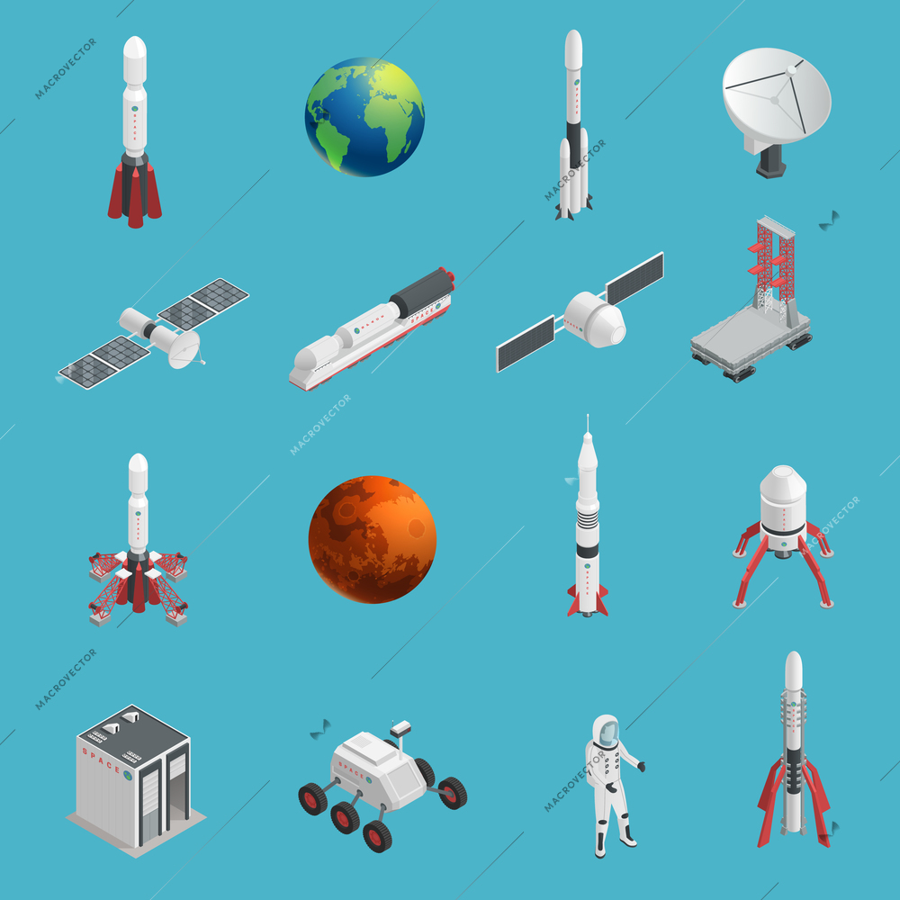 Isolated and colored 3d rocket space icon set with cosmic elements and technical tools for work in space vector illustration