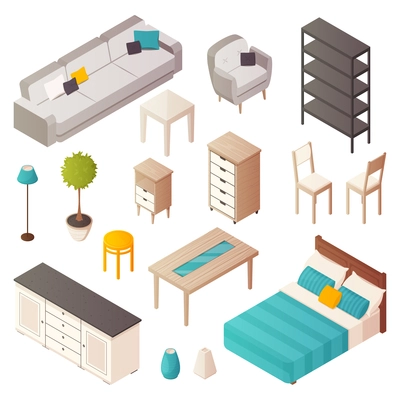 Isolated isometric home furniture icons set with interior design elements tables cabinet chairs plants and sofa vector illustration