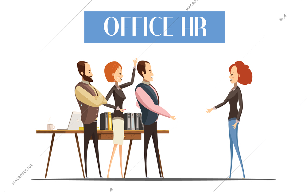 Young woman during communication with staff of office HR design in cartoon style vector illustration