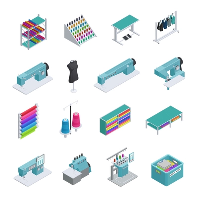 Colored and isolated garment factory isometric icon set machines sewing machines garment manufacturing vector illustration