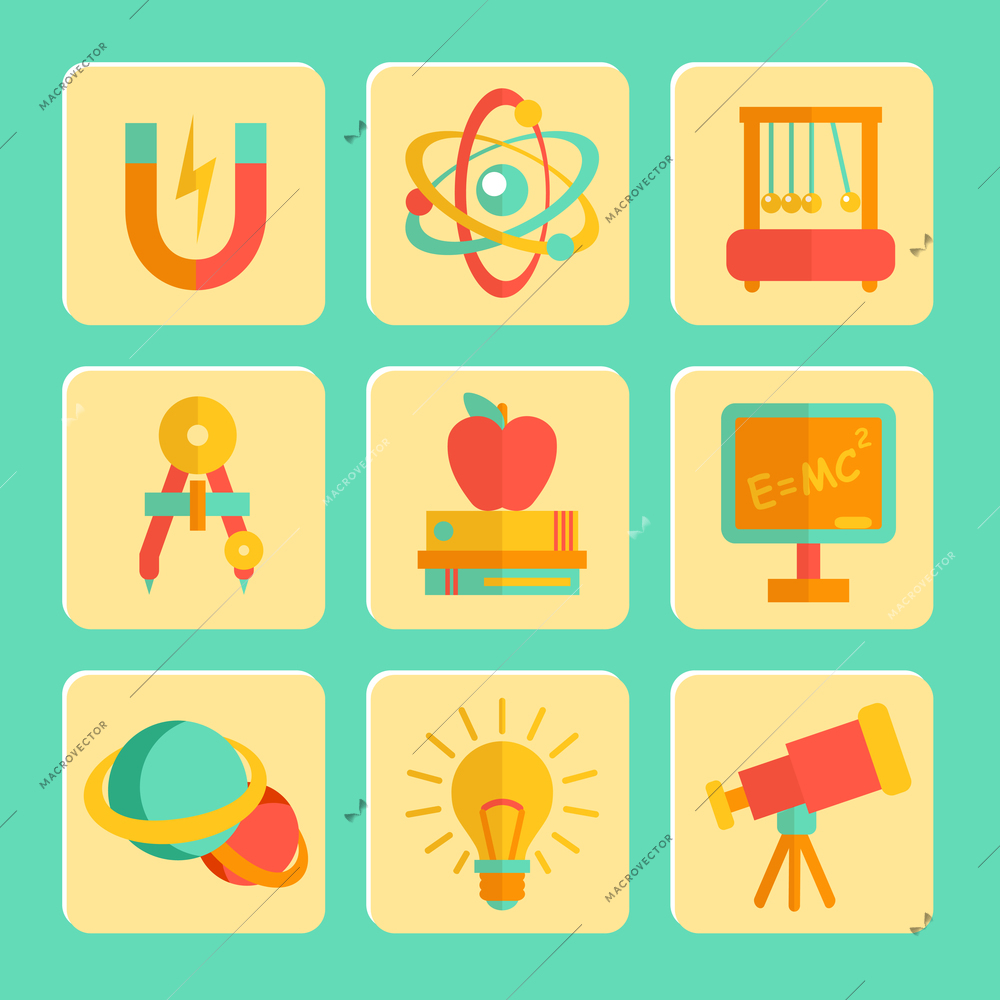 Physics equipment teaching and studying decorative icons set of blackboard telescope and lightbulb isolated vector illustration