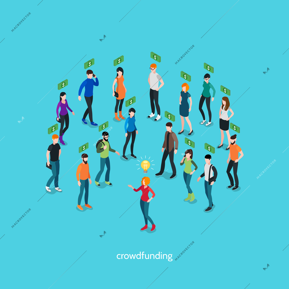 Crowdfunding isometric concept with group of people and creative person involving in business project vector illustration