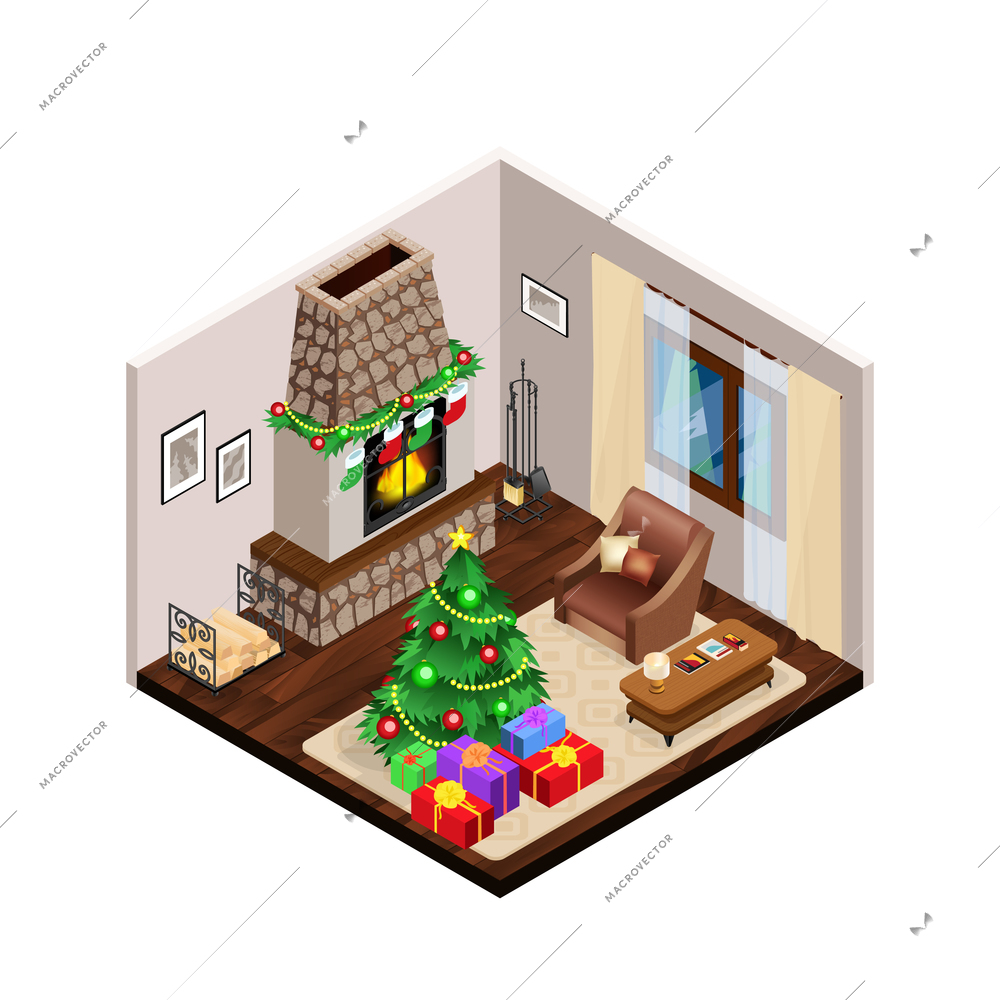 Lounge interior with christmas tree on light carpet and festive decorations on traditional fireplace isometric vector illustration