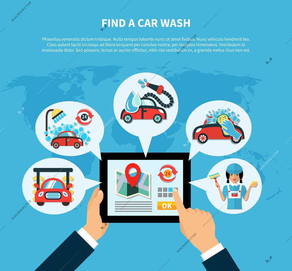 Car wash find online conceptual composition with location based tablet application and carwash service type images vector illustration