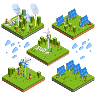 Square isometric landscape compositions set with electricians assembling solar batteries windmachines and environmental friendly energy sources vector illustration