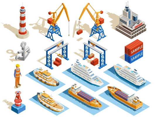 Seaport isometric set of industrial cruise ships marine tugs worker anchor cranes containers lighthouse isolated vector illustration