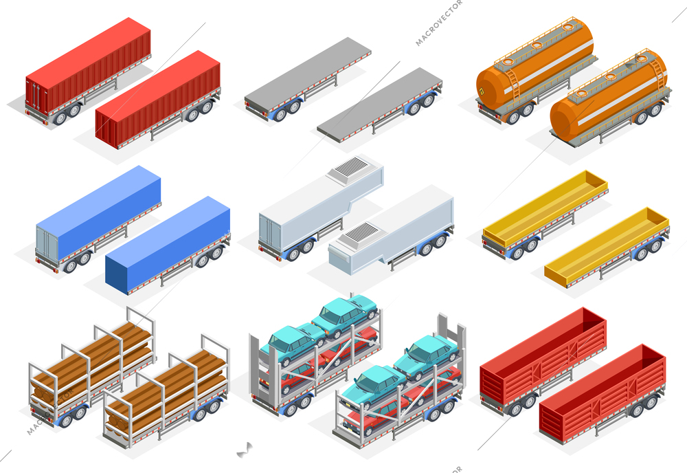 Trailers isometric set of different construction for transportation various kinds of cargo isolated vector illustration