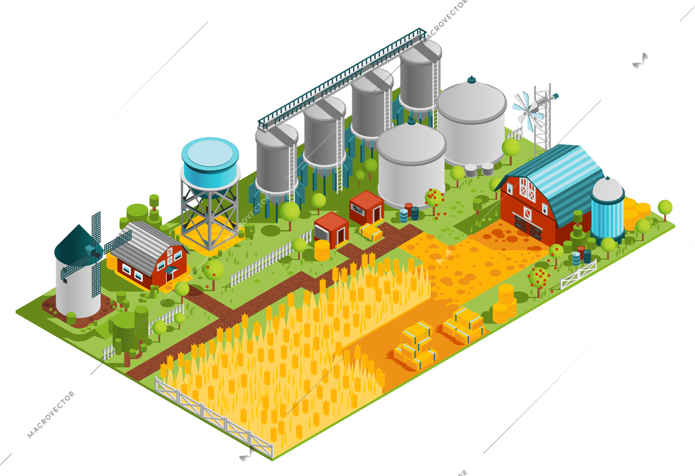 Farm rural buildings isometric composition with houses reservoirs mill and plantation field of wheat vector illustration