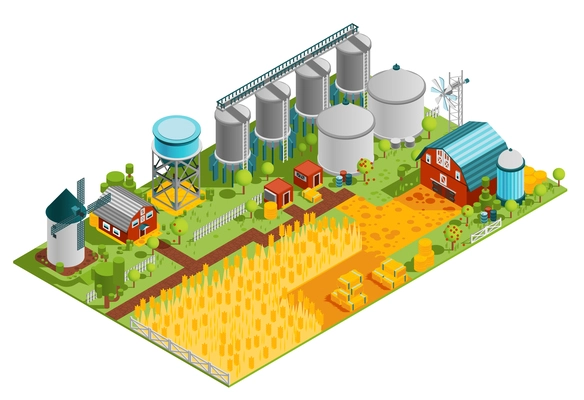 Farm rural buildings isometric composition with houses reservoirs mill and plantation field of wheat vector illustration