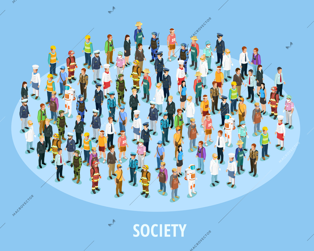 Professional society isometric background with people of different occupations and jobs isolated vector illustration