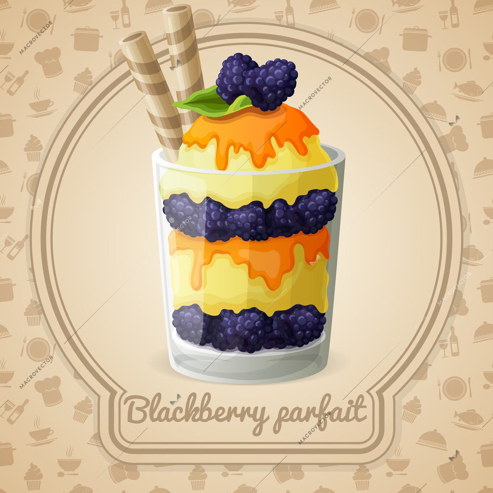 Blackberry parfait dessert with syrup and berries badge and food cooking icons on background vector illustration