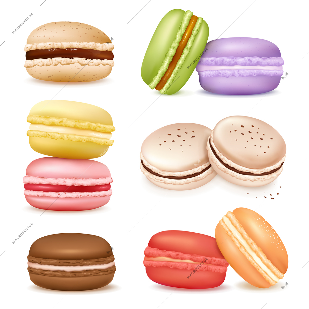 Macaroon set with isolated images of sweet fresh baked almond cookies of different taste and colour vector illustration