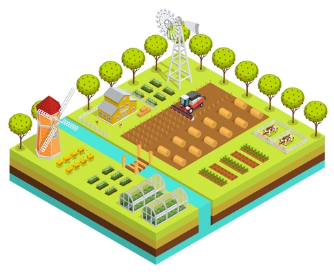 Colored farm isometric with farm project in planting process digging the earth vector illustration