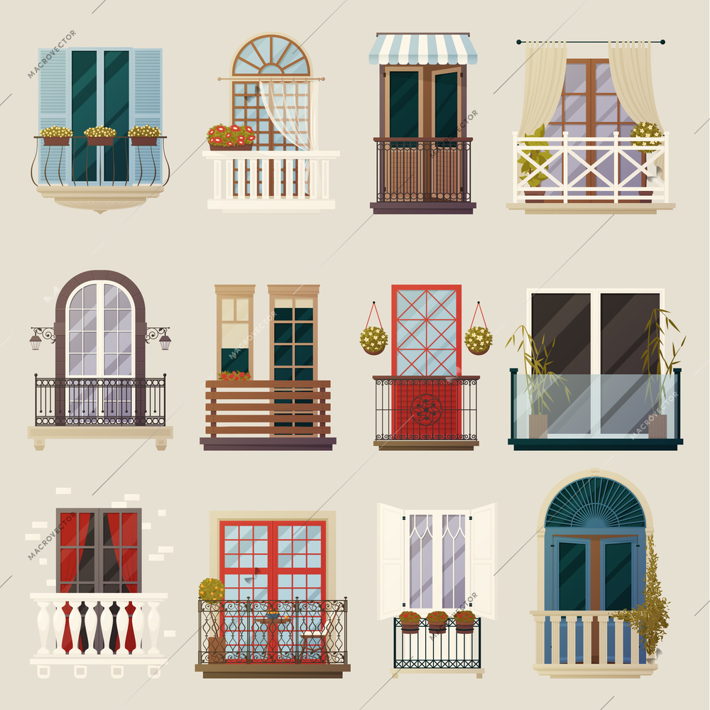 House exterior design ideas with modern vintage and classic balconies style building facade elements collection vector illustration