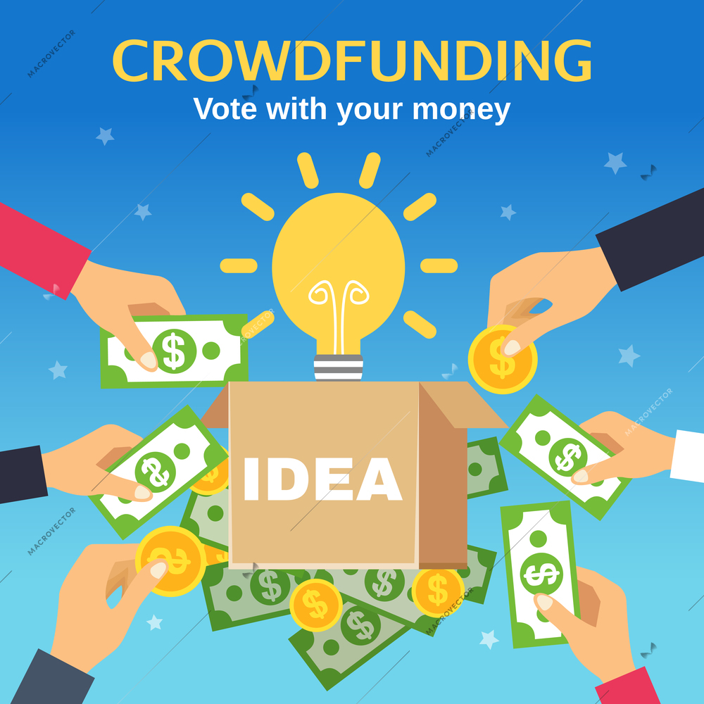 Crowdfunding poster with box for donations light bulb and people hands holding money flat vector illustration