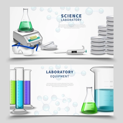 Two horizontal banners set with science laboratory equipment symbols colorful test tubes and vessels flat vector illustration