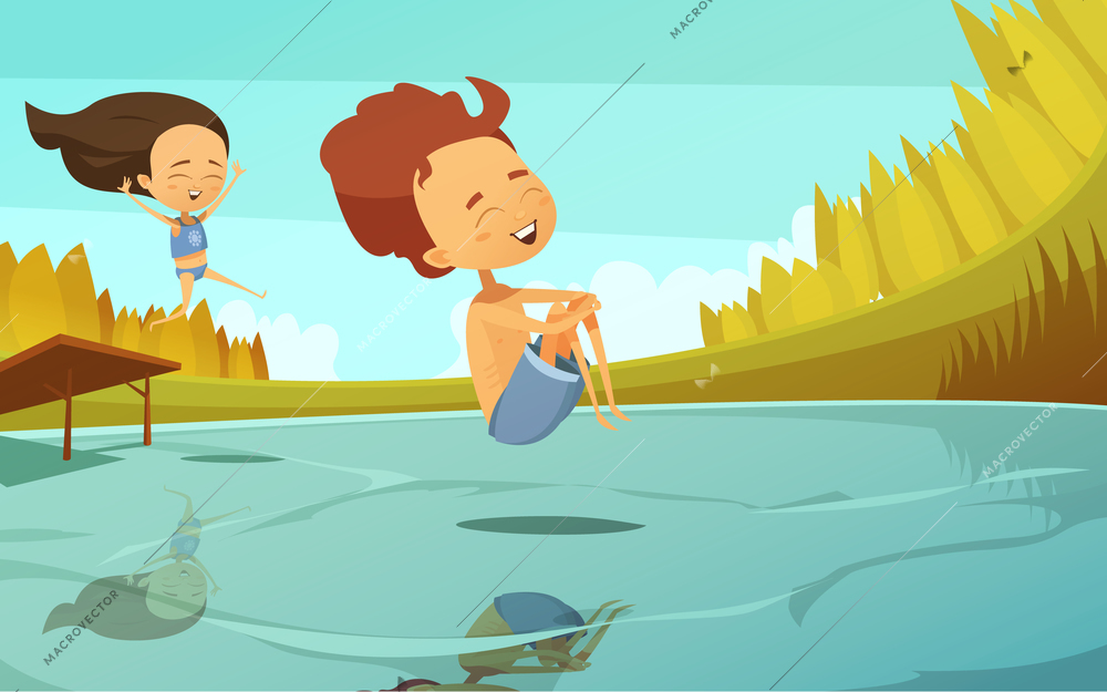 Summer cartoon vector illustration in flat style with couple of kids jumping into lake from small trampoline