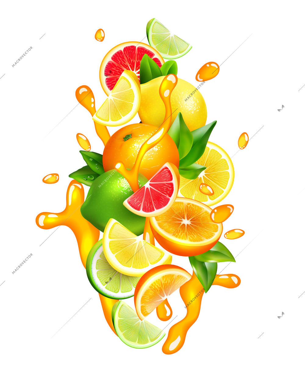 Fresh citrus fruits wedges slices and segment with orange juice splashes around colorful realistic composition vector illustration