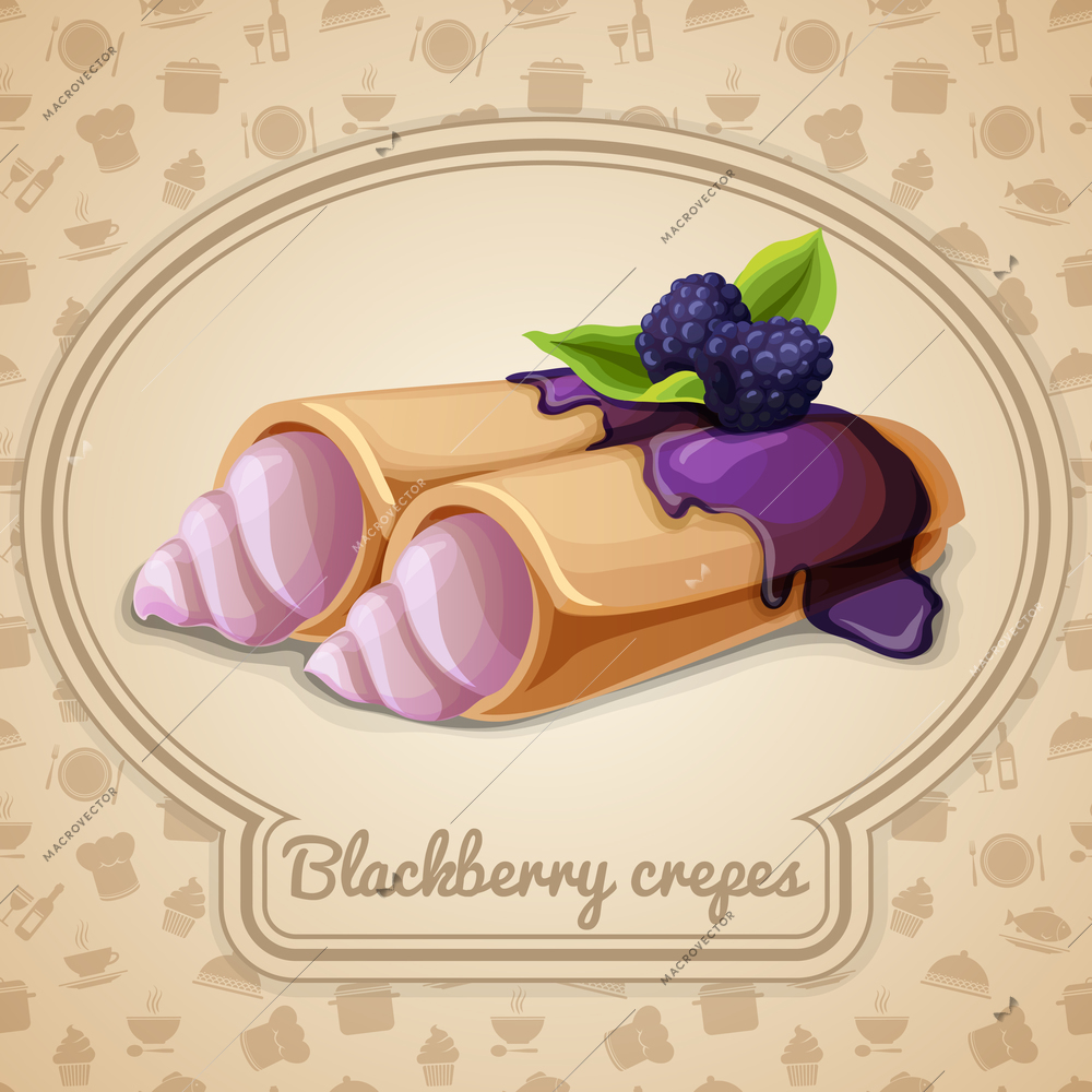 Blackberry crepes dessert with cream syrup badge and food cooking icons on background vector illustration